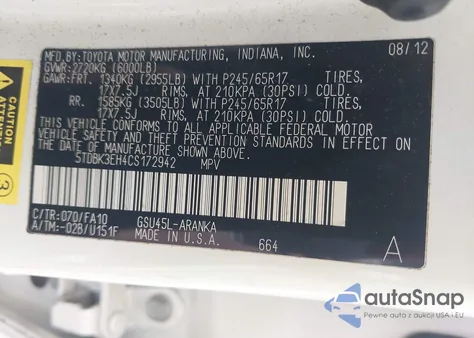 2012 Toyota Highlander Base V6 from USA, damaged, VIN 5TDBK3EH4CS172942